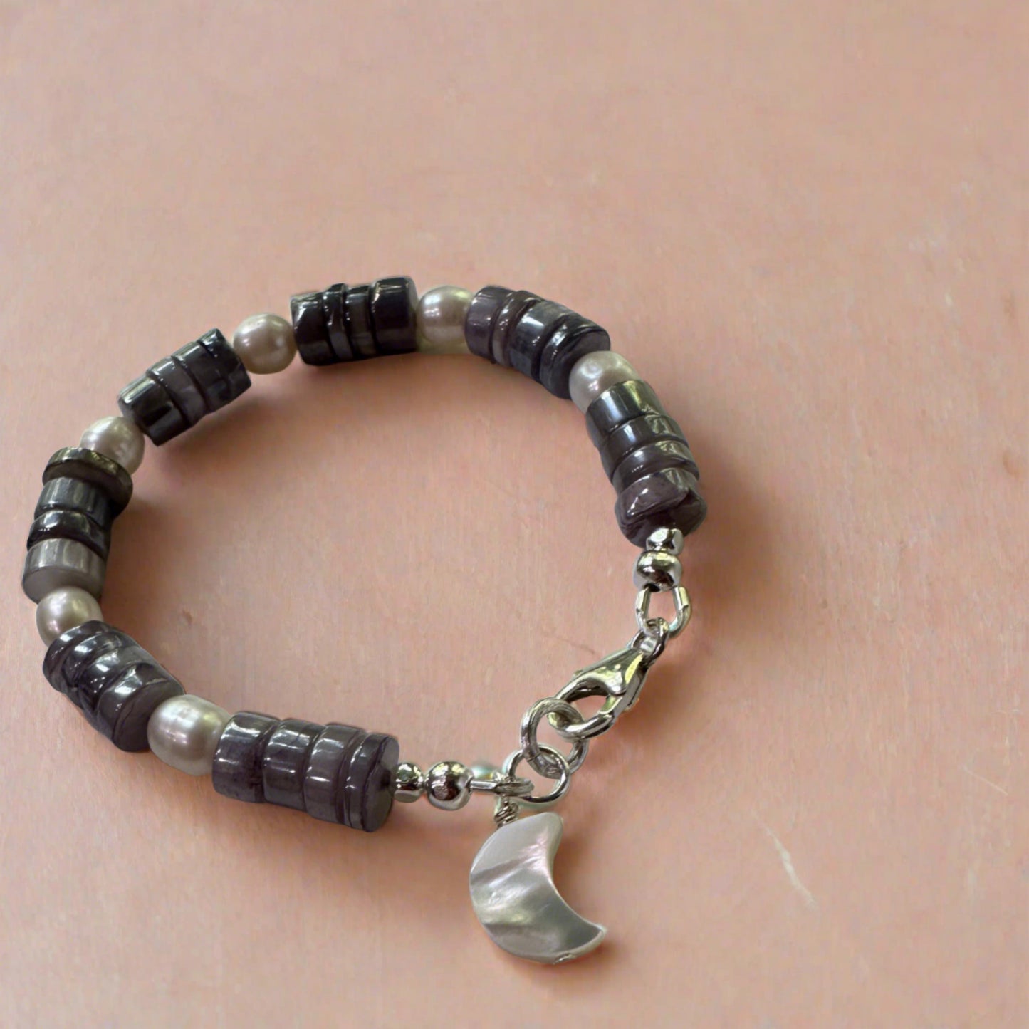 Purple Moonstone with Pearl Moon Bracelet