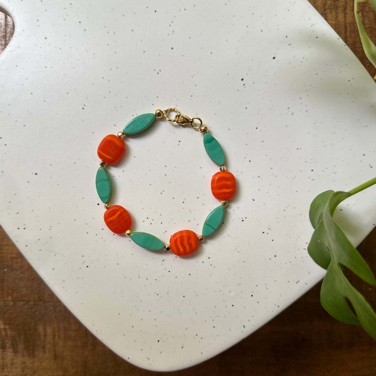 Teal & Orange Czech Glass Bead Bracelet