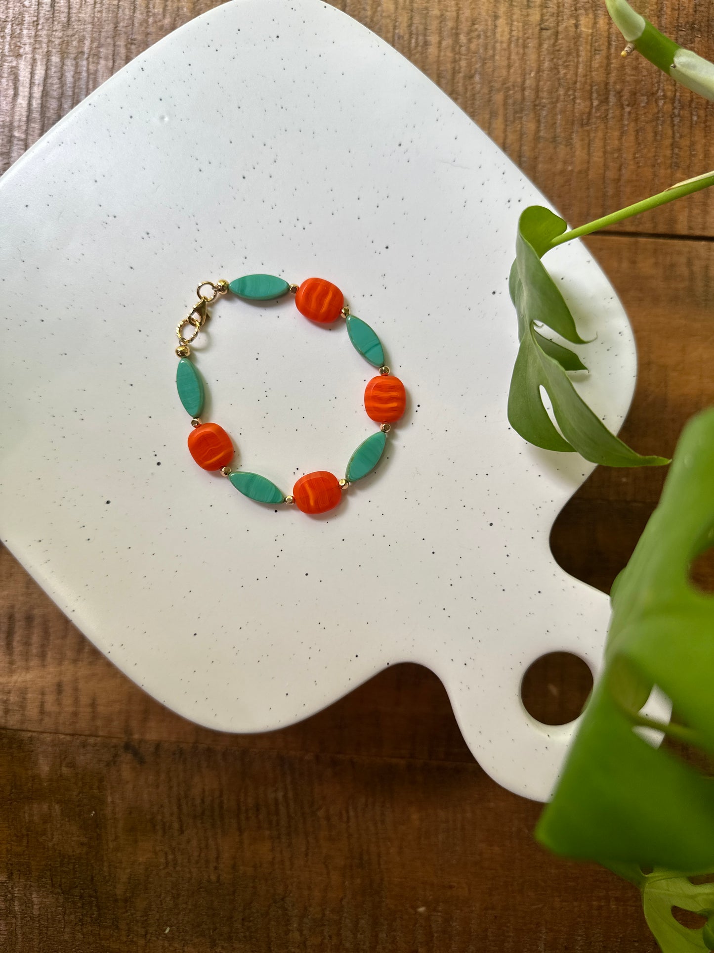 Teal & Orange Czech Glass Bead Bracelet