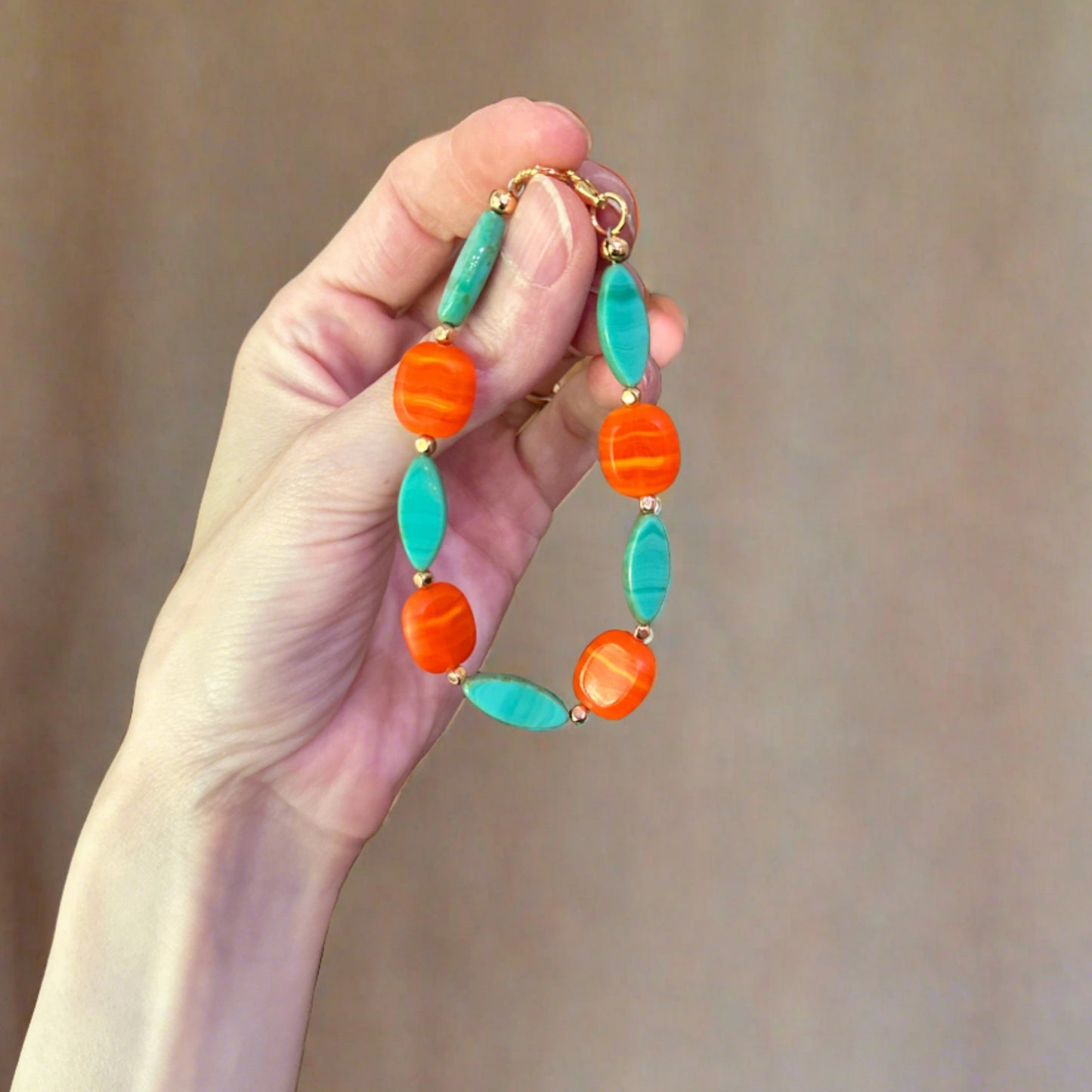 Teal & Orange Czech Glass Bead Bracelet