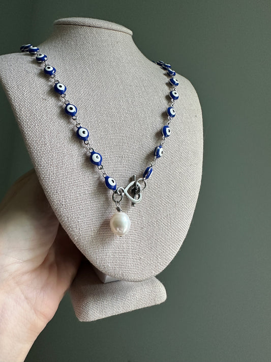 Evil Eye Necklace with Pearl Pendant