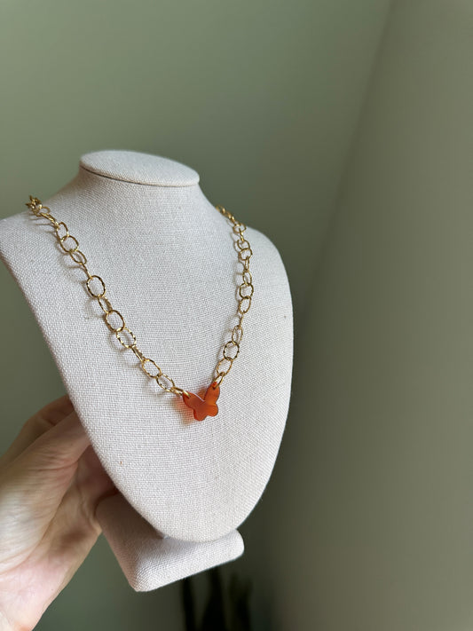 Red Agate Butterfly Gold Chain Choker Necklace
