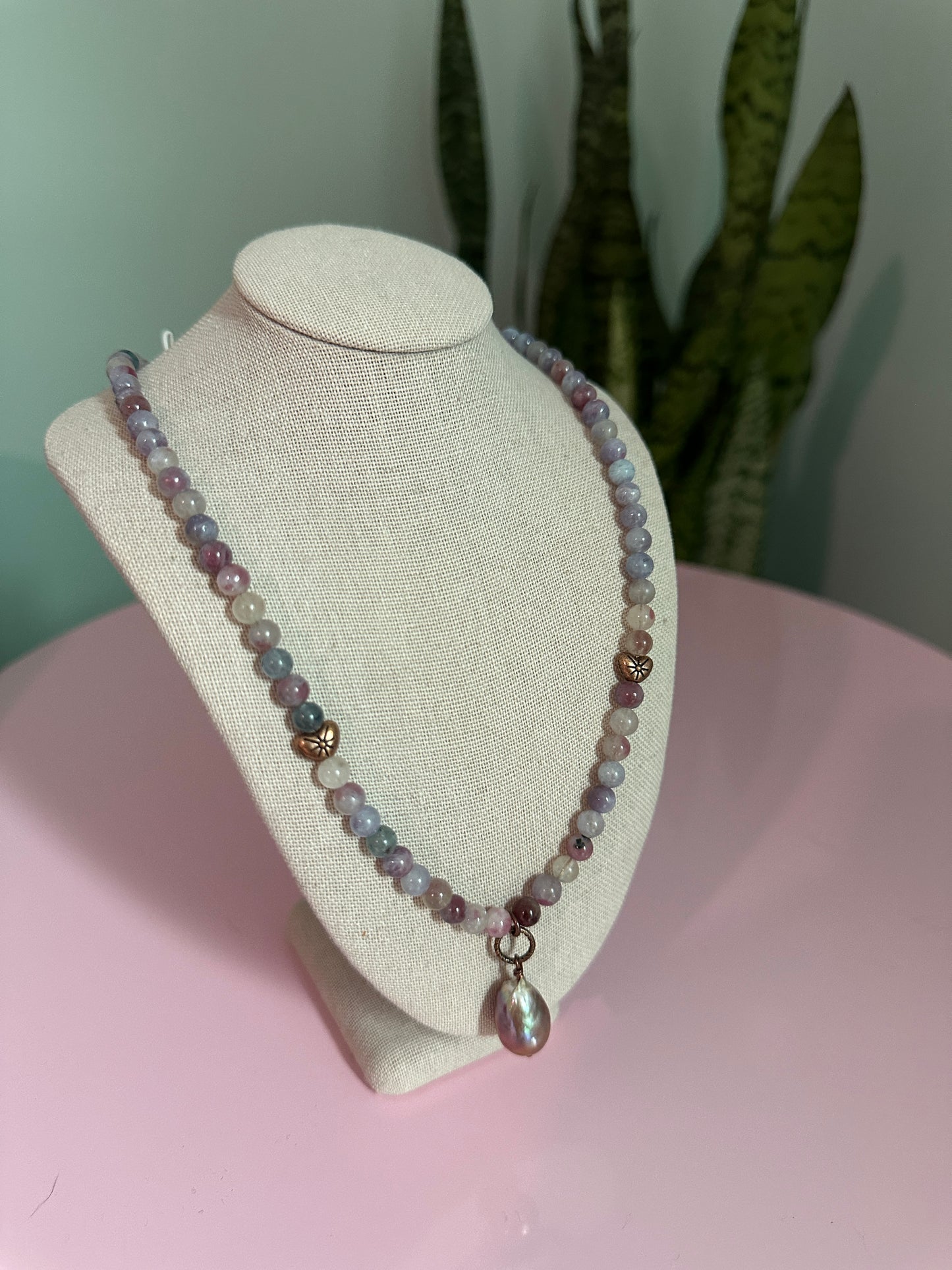 Pink Tourmaline & Lepidolite in Quartz with Pink Pearl Pendant