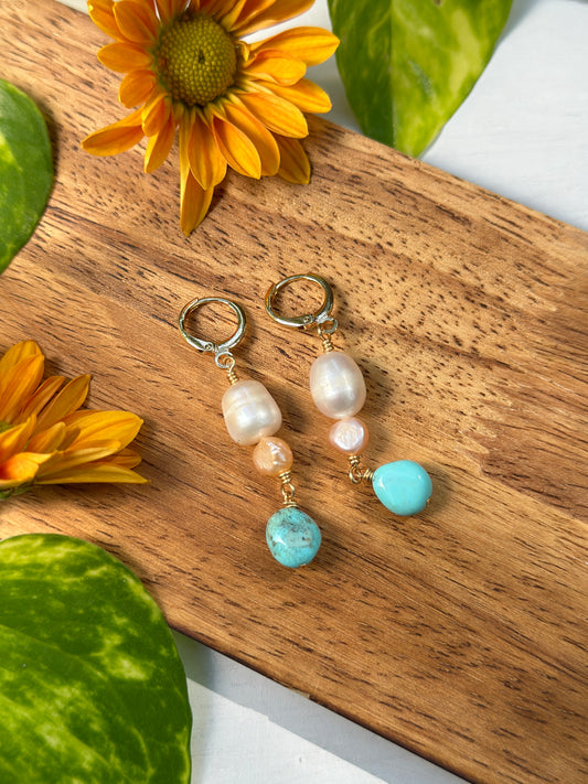 Pearl and Turquoise Earrings - Gold Filled