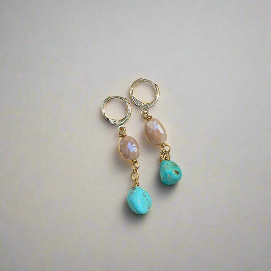 Peach Moonstone and Sonoran Turquoise Earrings - Gold Filled