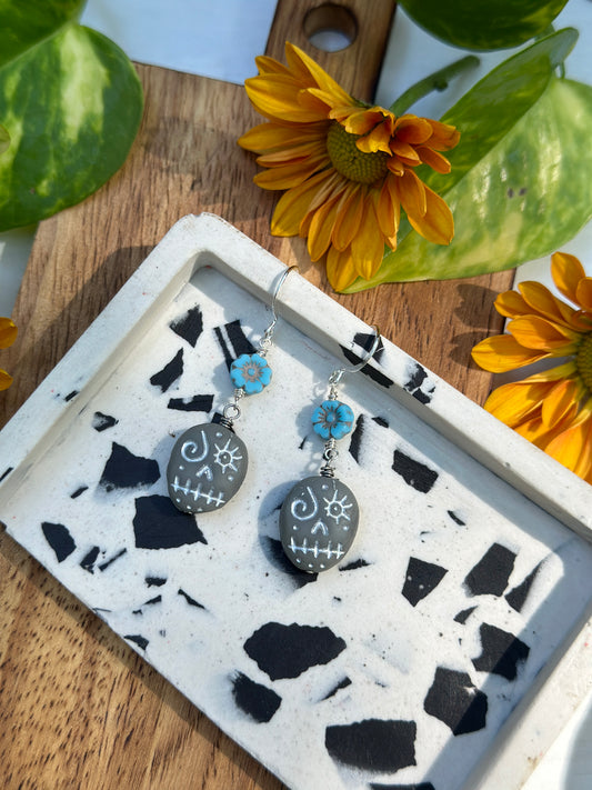 Gray Sugar Skull with Blue Flower Earrings