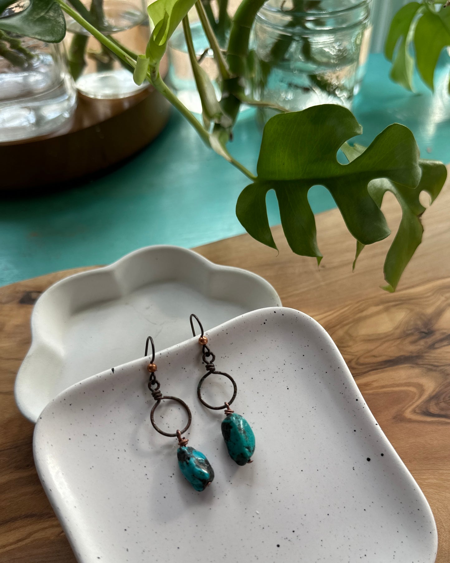 Antiqued Copper Hoops with Turquoise Nuggets