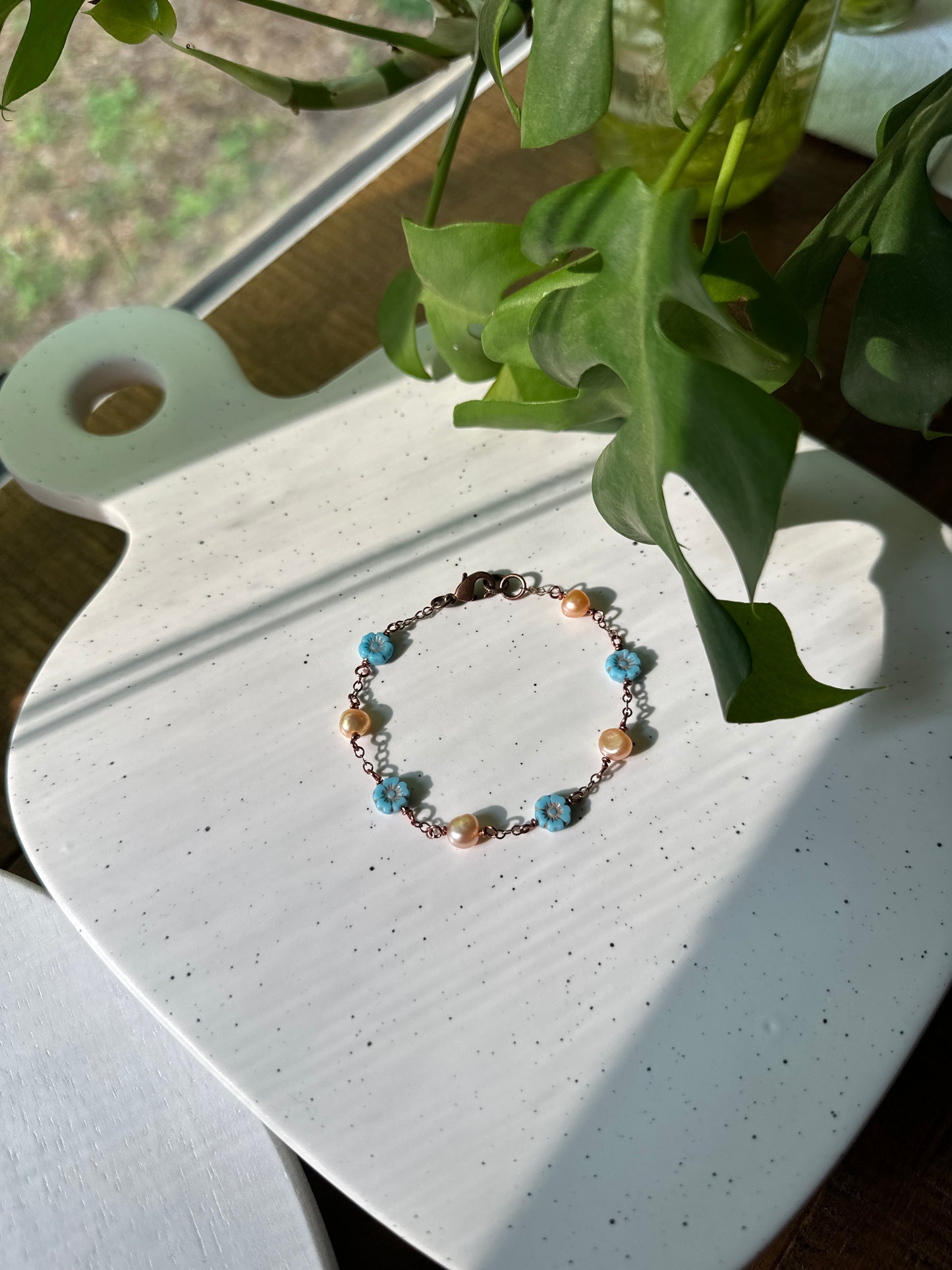 Peach Pearl and Czech Flower Bead Bracelet