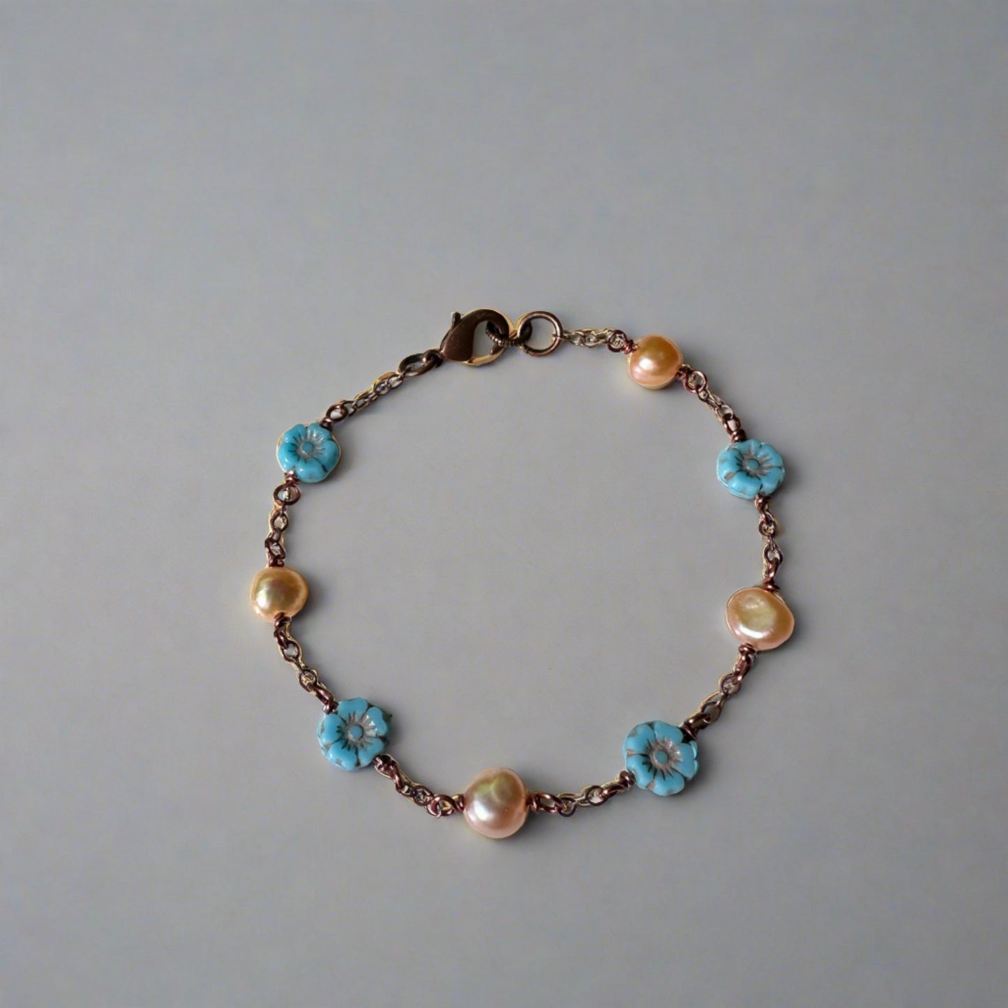 Peach Pearl and Czech Flower Bead Bracelet