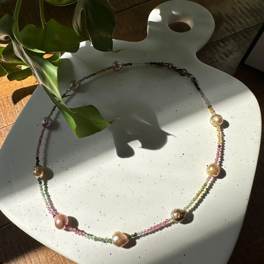 Rainbow Tourmaline with Edison Pearls Necklace