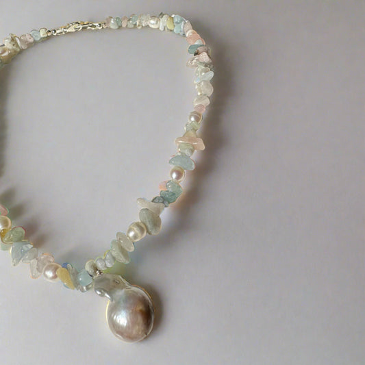 Morganite Mermaid Necklace with Baroque Pearl Pendant
