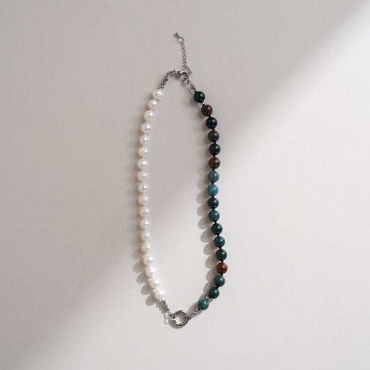Bloodstone + Pearl Carabiner Necklace
