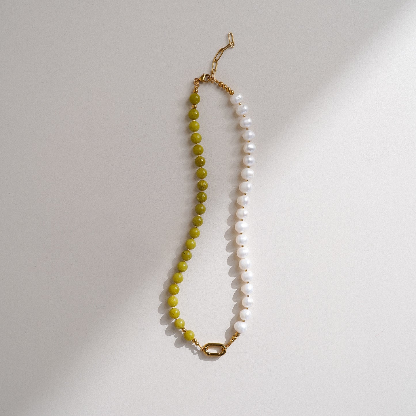 Olive Jade + Pearl Carabiner Necklace