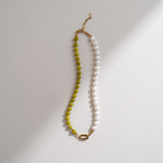 Olive Jade + Pearl Carabiner Necklace