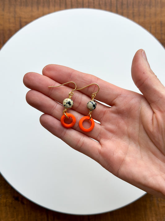 Dalmatian Jasper & Vintage Matte Orange Recycled Glass Earrings