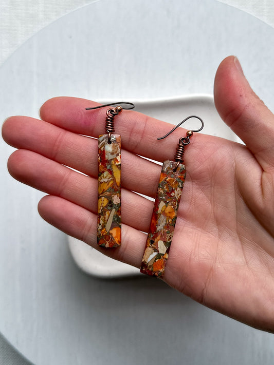 Orange Impression Jasper & Pyrite Gemstone Pendant Earrings